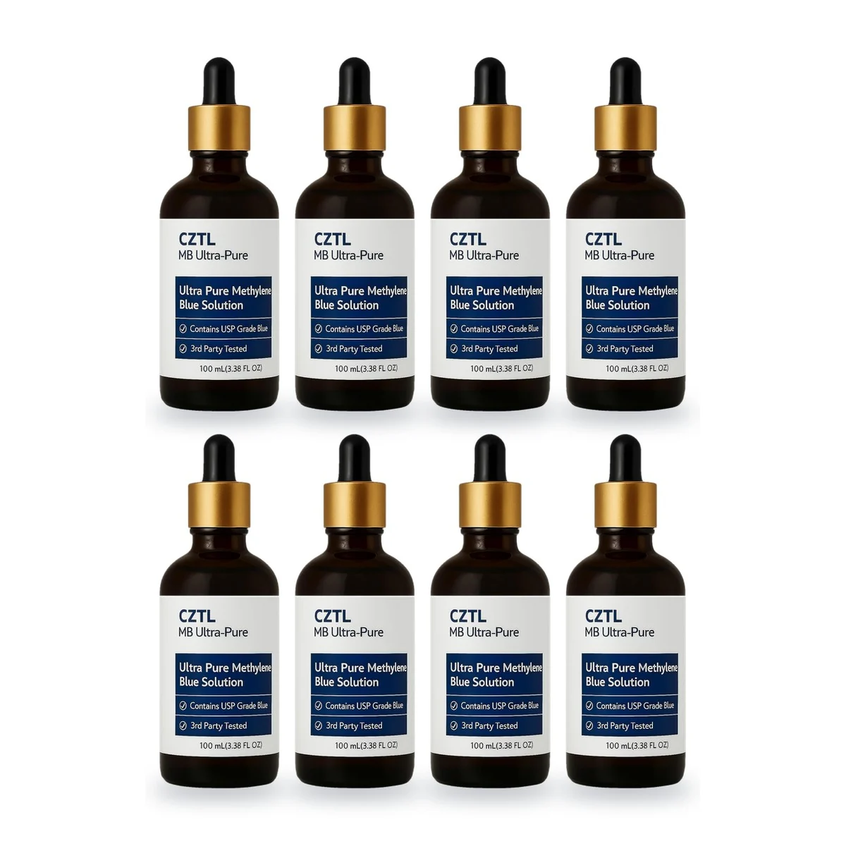 CZTL Ultra Pure Methylene Blue Solution 0.1% w/v, 8 x 100 ml amber dropper bottles